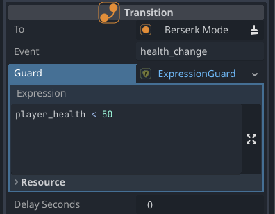 Example of an expression guard for transitioning into berserk mode when player's health sinks below 50%